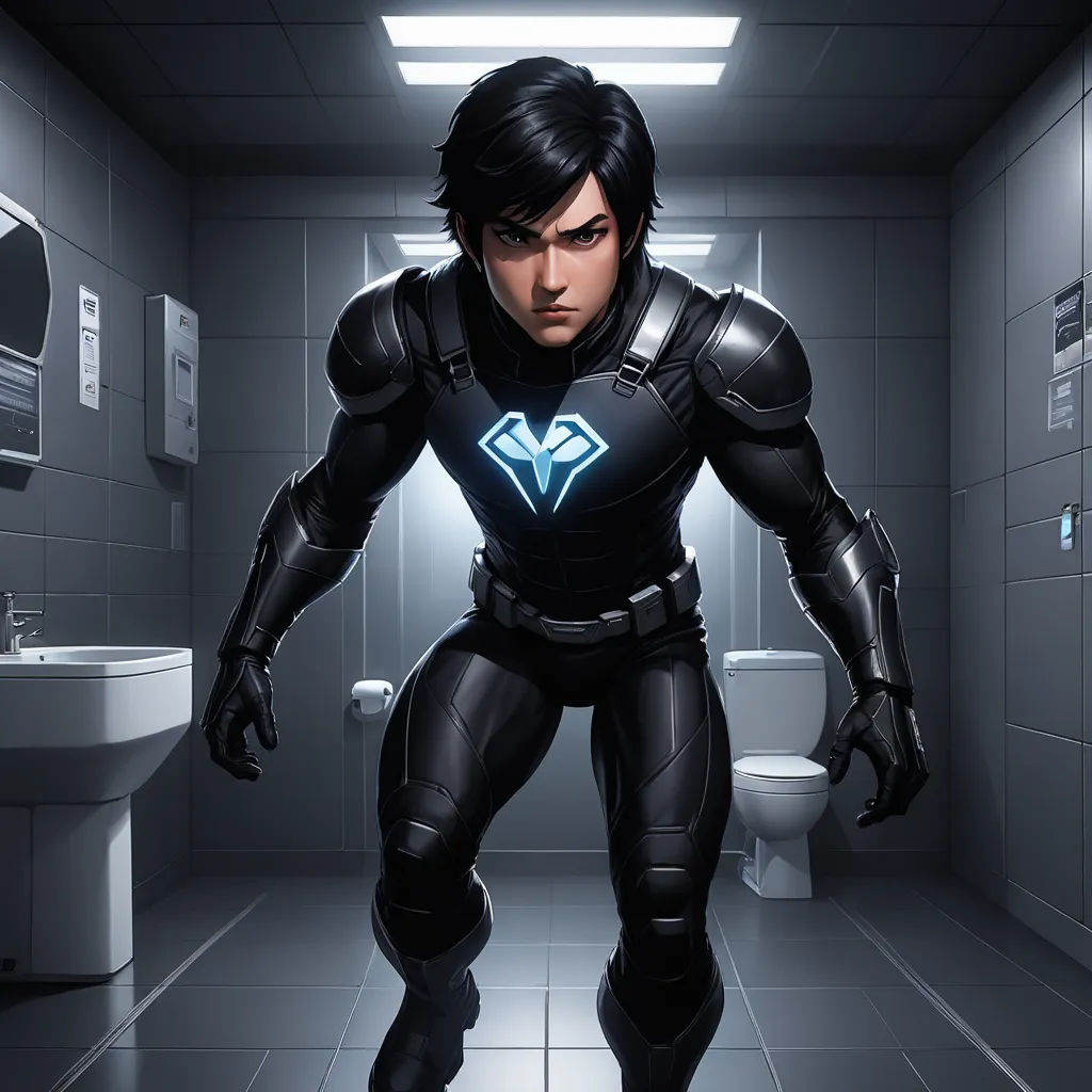 a man in a futuristic bathroom with a toilet and sink in the background and a toilet in the foreground, photorealism, concept art, Eddie Mendoza, official art