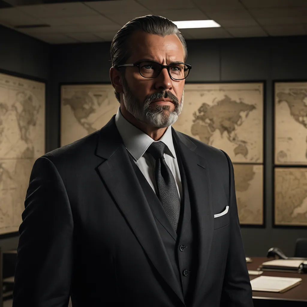 a man in a suit and tie standing in front of a desk with a world map on the wall, private press, a character portrait, Charles Mahoney, promotional image