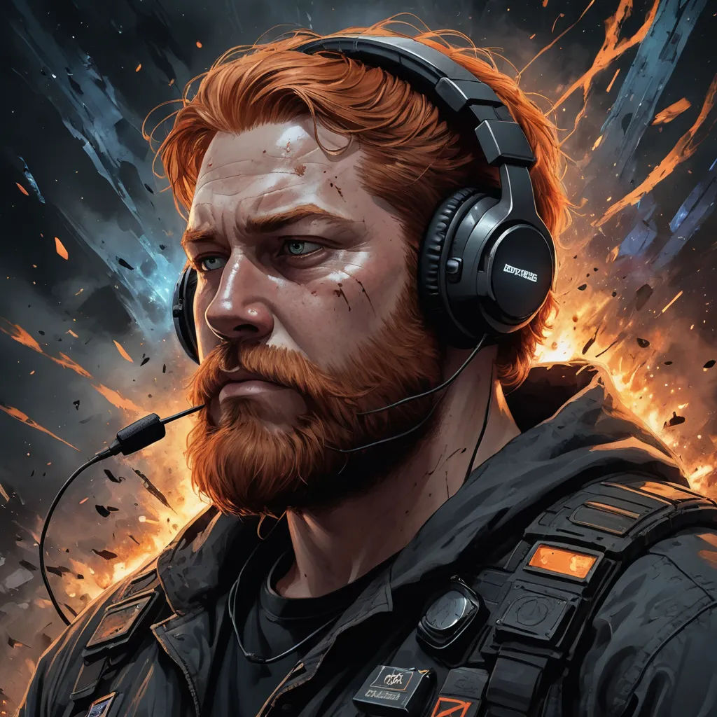 a man with headphones on and a beard and a beard is staring at something with a fire in the background, sots art, a character portrait, Aleksi Briclot, character portrait