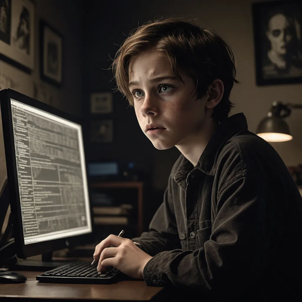a young boy sitting at a desk using a computer keyboard and mouse, with a monitor on the desk, computer art, computer graphics, Daniel Lieske, promotional image