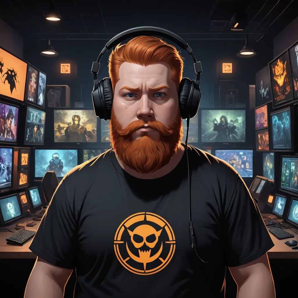 a man with headphones and a beard in a room full of monitors and video games on the walls, sots art, a character portrait, Chris Rahn, game art