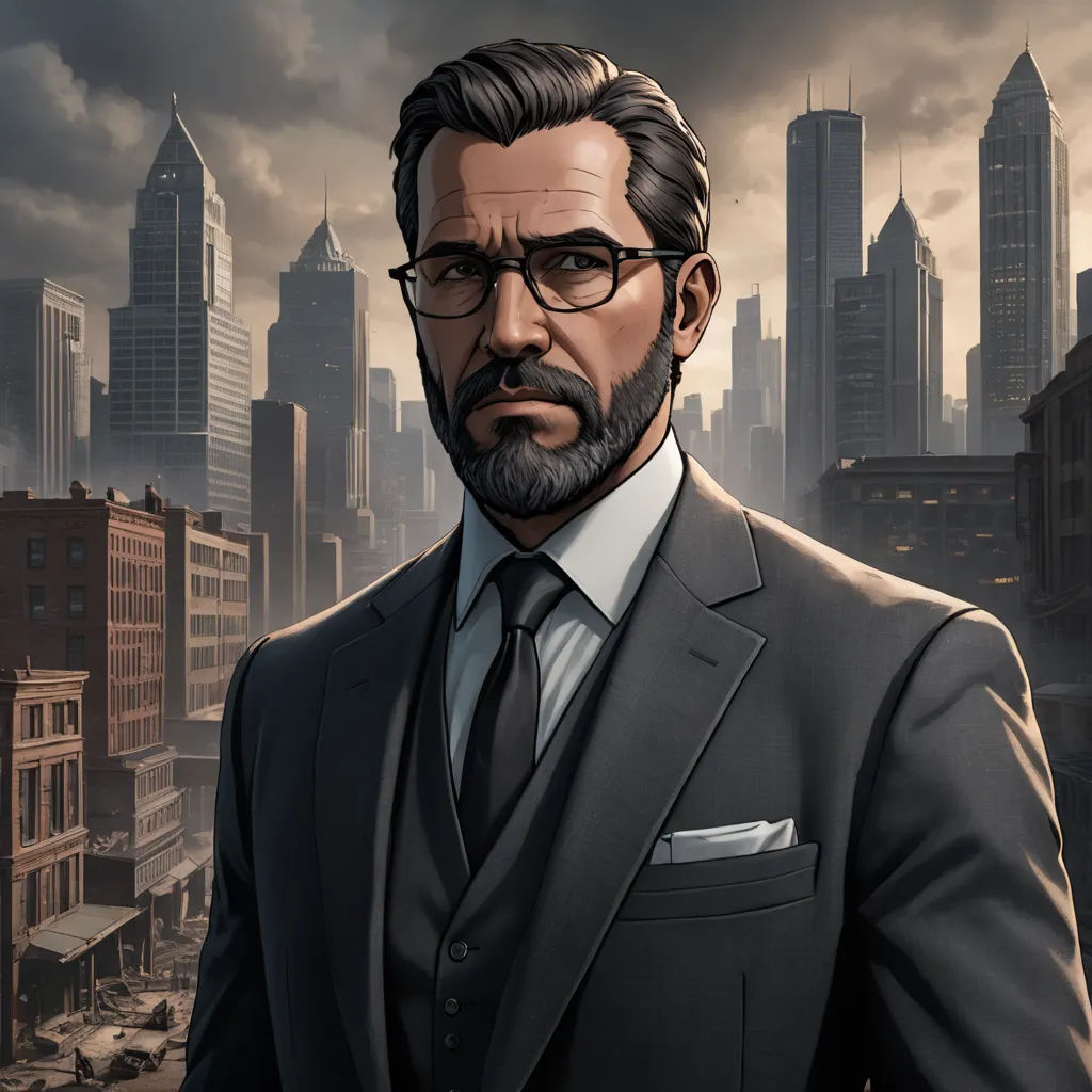 a man in a suit and tie standing in front of a city skyline with skyscrapers and clouds in the background, sots art, a character portrait, Cedric Seaut (Keos Masons), city background