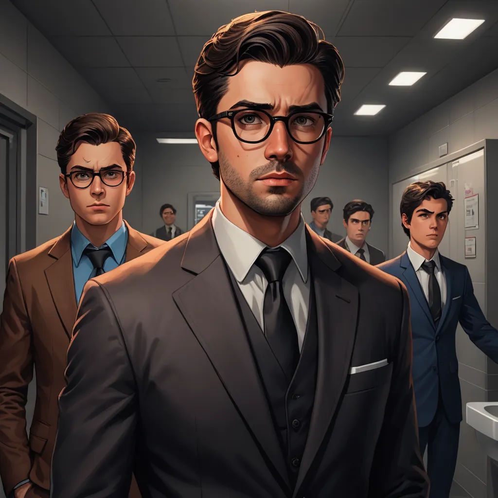 a man in a suit and tie standing in a hallway with other men in suits and ties behind him, sots art, a character portrait, Cedric Seaut (Keos Masons), character portrait