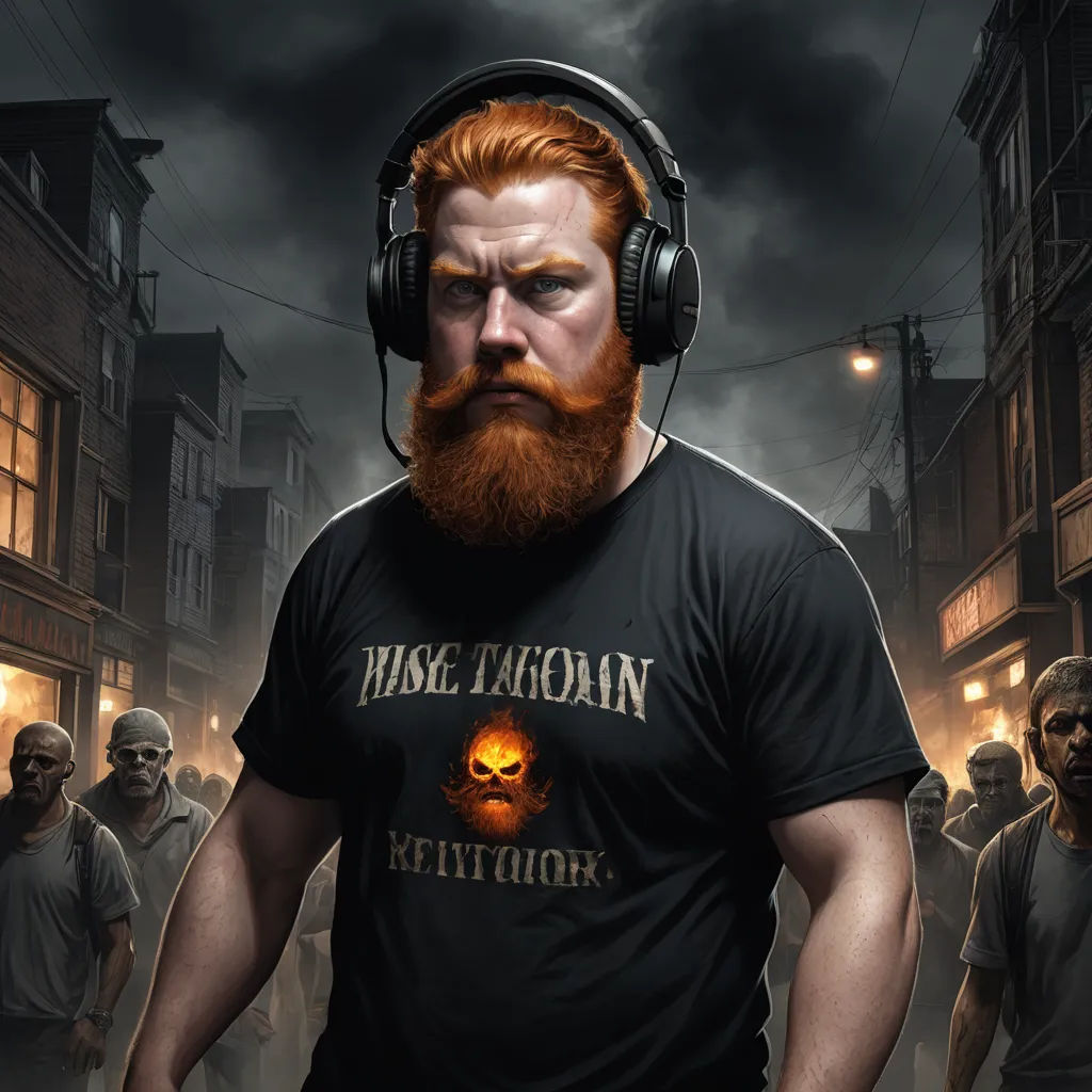 a man with a beard and headphones on in a street with a crowd of people behind him and a dark sky, rayonism, a character portrait, Chris Rahn, comic cover art
