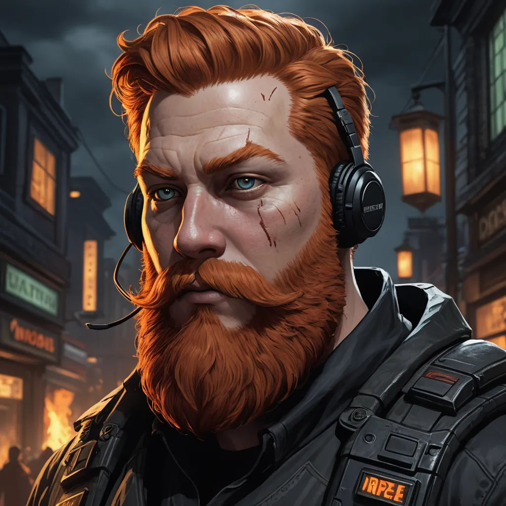a man with a beard and headphones on in a city street at night with a dark sky behind him, sots art, a character portrait, Clint Cearley, fantasy character portrait