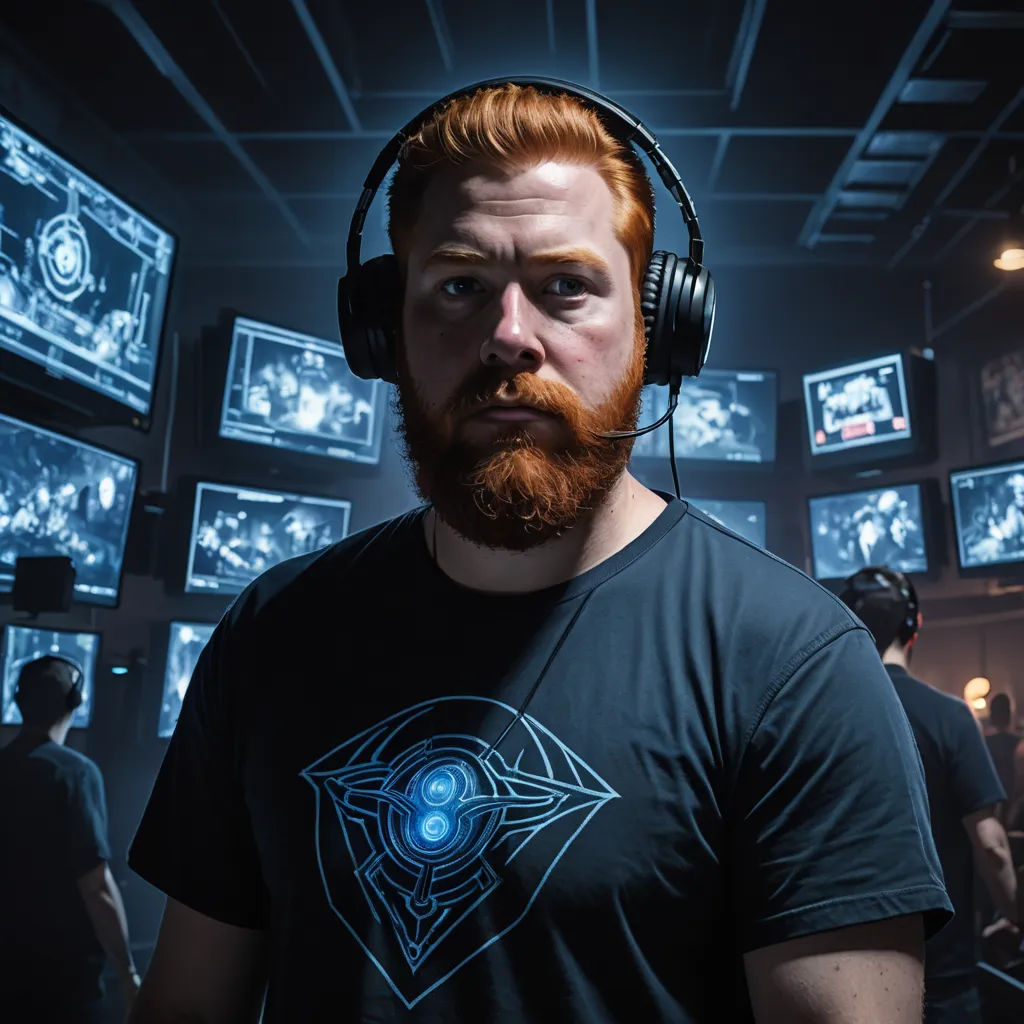 a man with headphones on in a room full of television screens and monitors with a red beard and a blue eye, holography, a character portrait, Daniel Schultz, promotional image