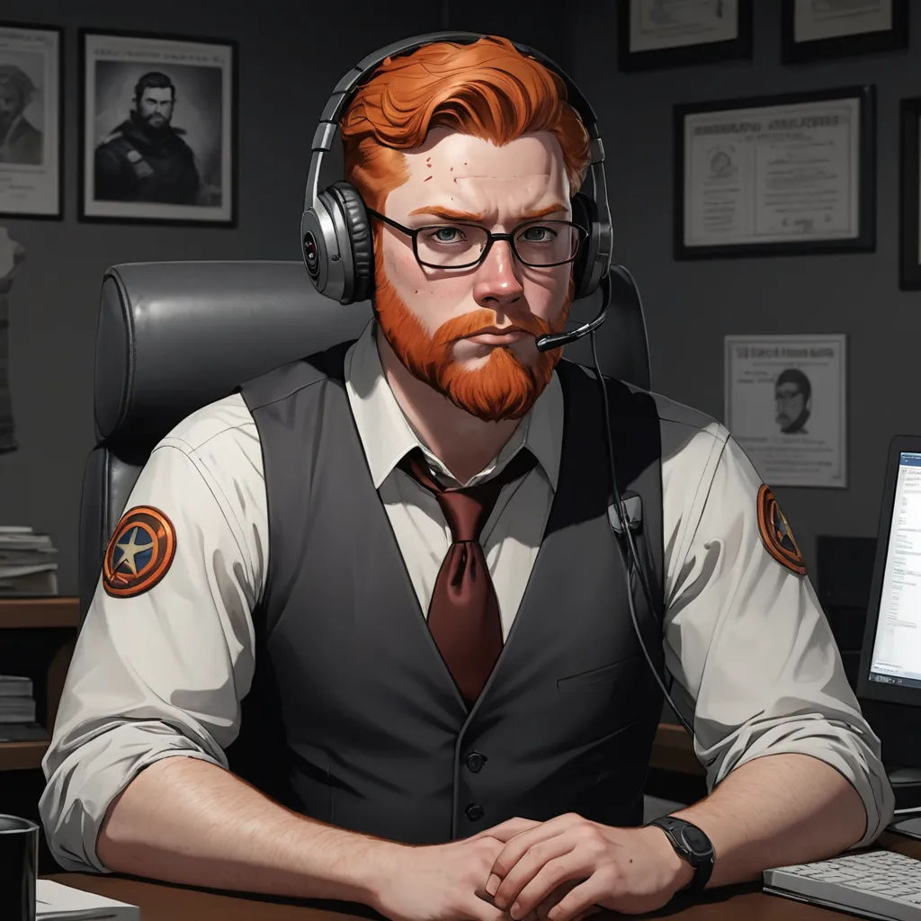 a man with a beard and glasses sitting at a desk with a computer and headphones on his head, sots art, a character portrait, Aaron Jasinski, realistic character concept