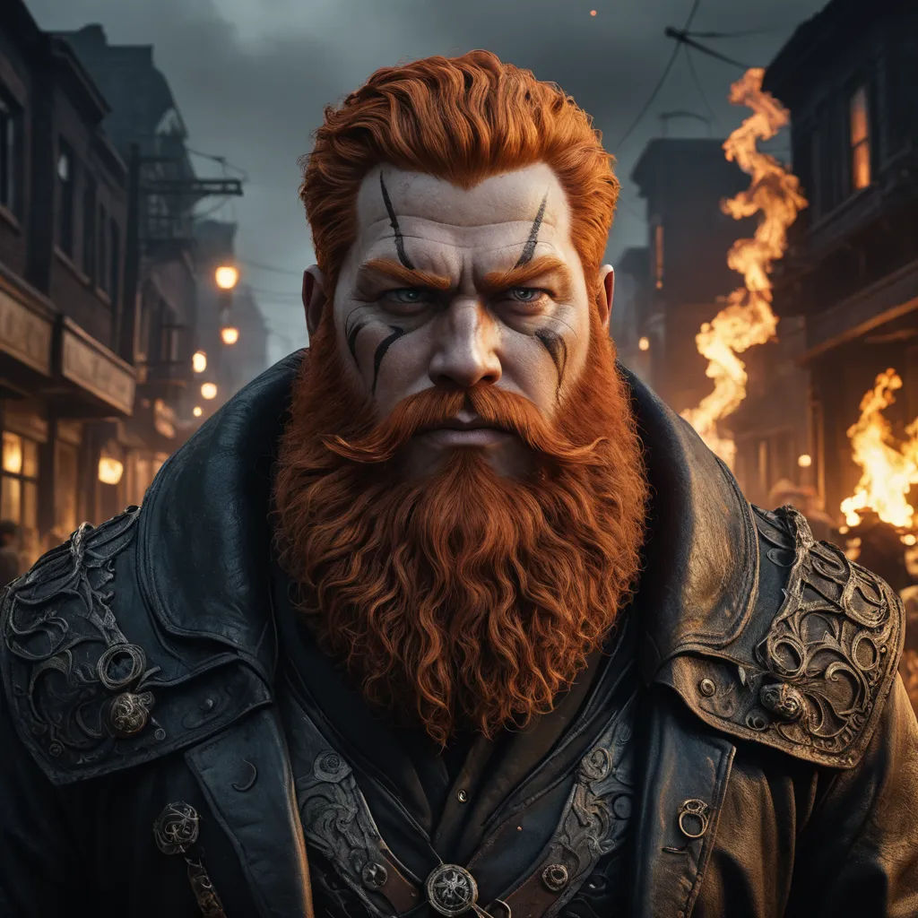 a man with a beard and a red beard in a city street with flames coming out of his mouth, antipodeans, a character portrait, Archibald Robertson, unreal engine highly rendered