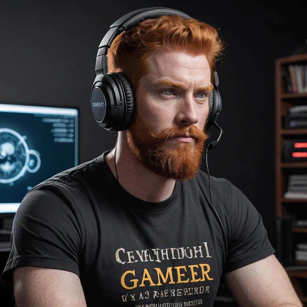 a man with a beard wearing headphones and a t - shirt with a gaming logo on it sits in front of a computer monitor, new objectivity, computer graphics, Aleksander Gine, detailed product photo