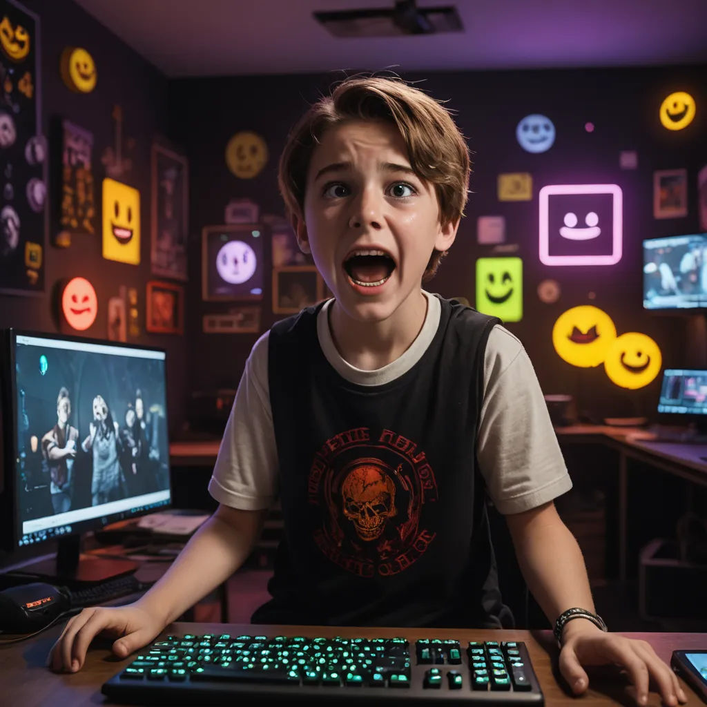 a boy is screaming in front of a computer screen with a keyboard and mouse on it and a lot of emoticions on the walls, computer art, computer graphics, Cedric Seaut (Keos Masons), promotional image