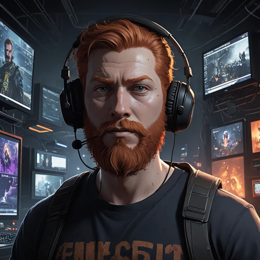 a man with headphones and a beard in a room full of monitors and video screens with a man with a beard, sots art, a character portrait, Aleksi Briclot, game art