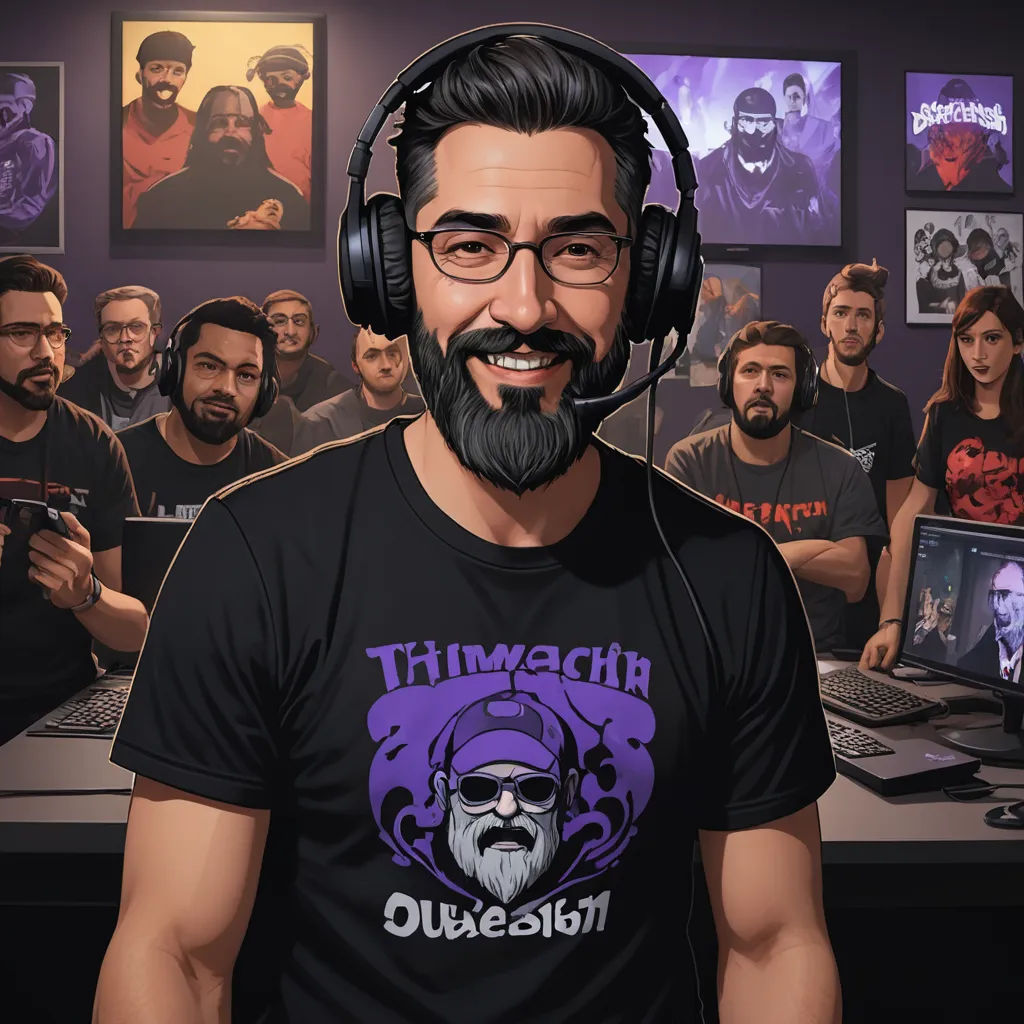 a man with a beard and glasses wearing headphones in front of a computer screen with a group of people behind him, sots art, a character portrait, Dan Content, official art