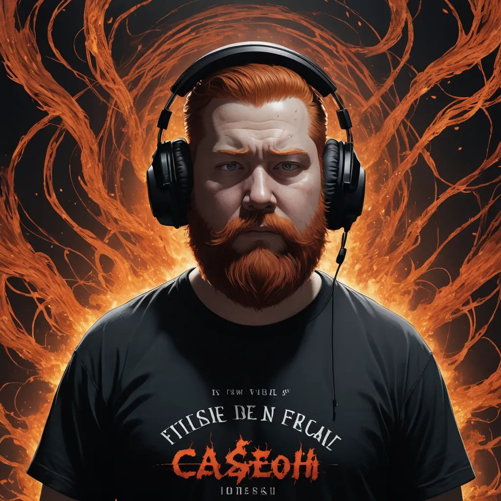 a man with headphones on his ears and a beard with a flame pattern behind him, in front of a black background, arbeitsrat für kunst, a character portrait, Cedric Seaut (Keos Masons), highly detailed digital painting