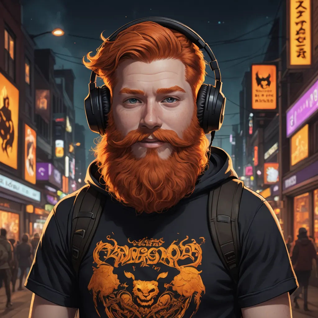 a man with headphones on his ears and a beard in a city street at night with neon signs, american scene painting, a character portrait, Dan Mumford, josan gonzales and dan mumford