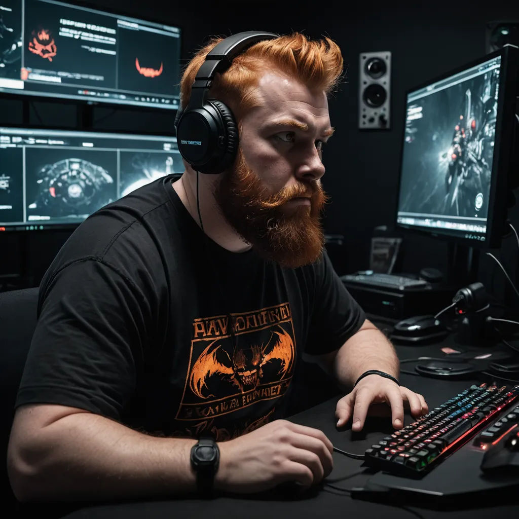 a man with red hair and a beard wearing headphones sits in front of a computer monitor and keyboard, computer art, computer graphics, Dan Luvisi, hard focus