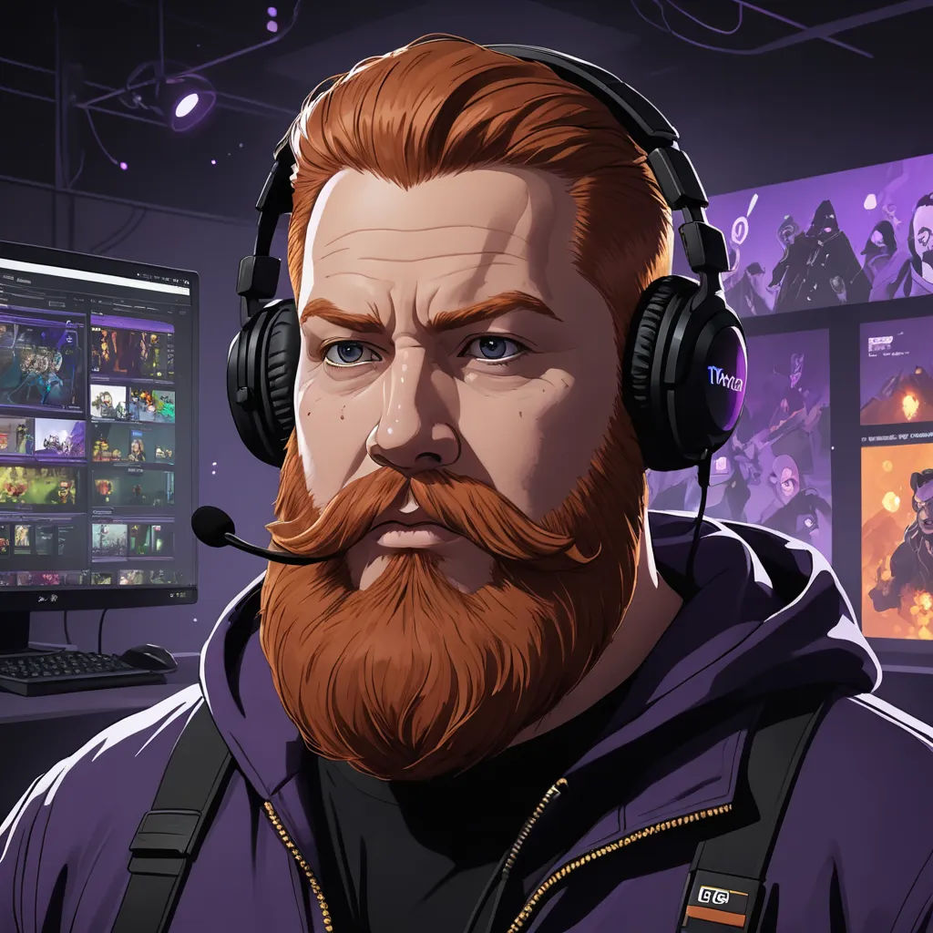 a man with a beard and headphones on in a room with a computer monitor and a video game, sots art, a character portrait, Dan Content, character portrait