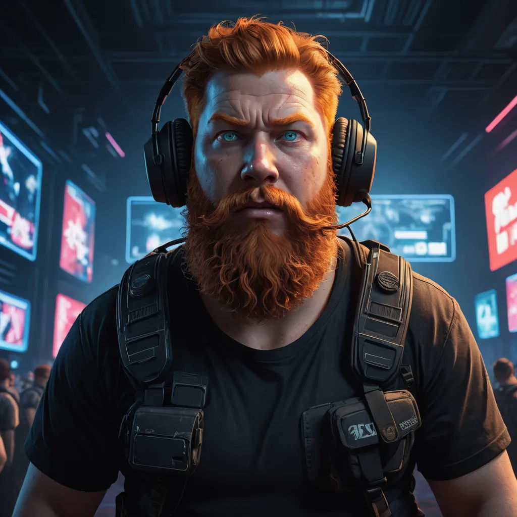 a man with headphones and a beard in a room full of people with electronic equipment on his face, sots art, a character portrait, Filip Hodas, dan mumford. octane render