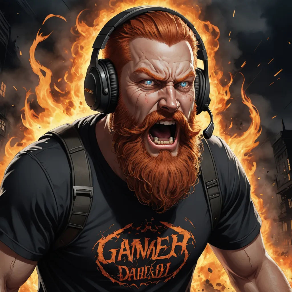a man with headphones on and a beard and a beard is in front of a fire with his mouth open, sots art, a character portrait, Dan Mumford, magic the gathering artwork