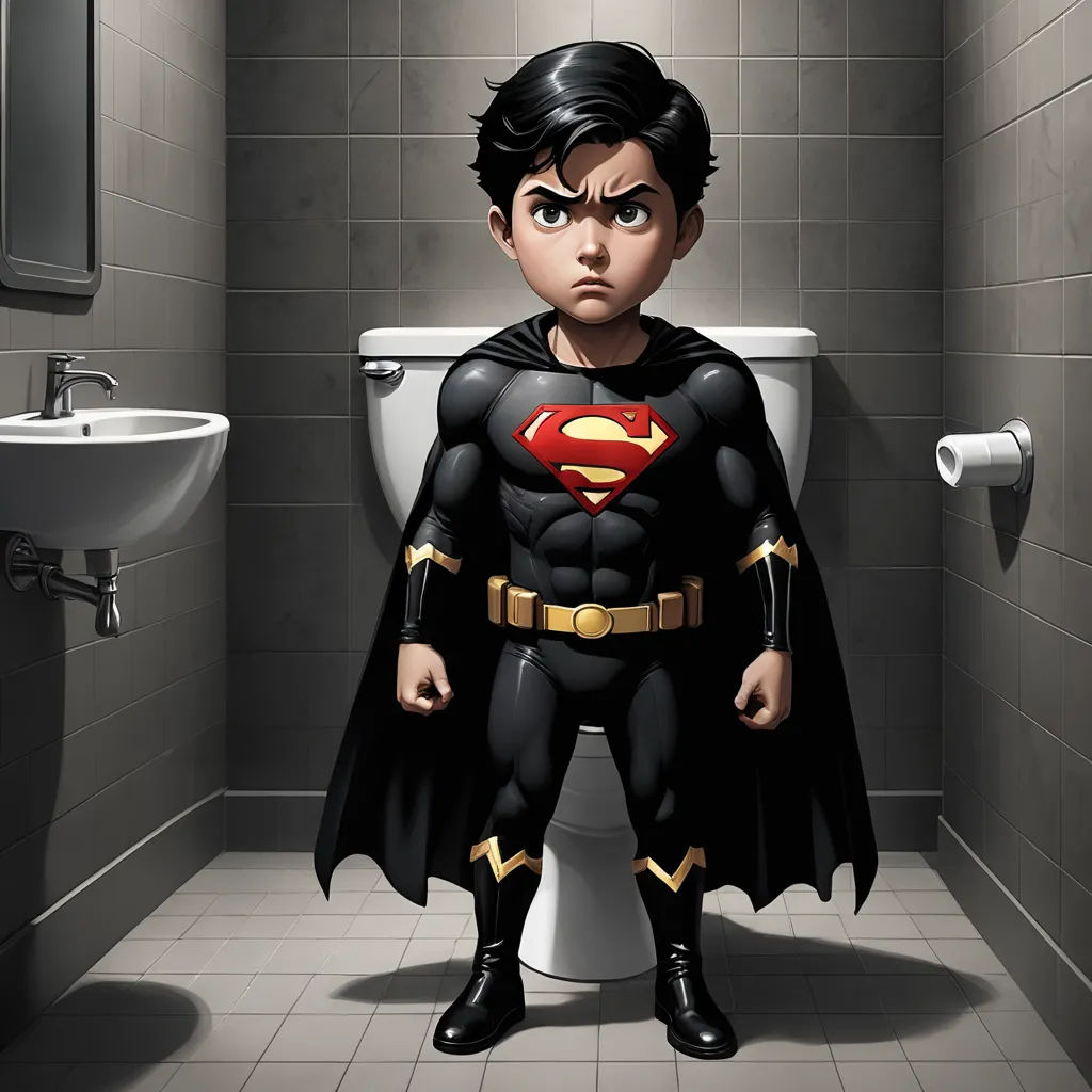 a cartoon of a boy dressed as a batman standing in a bathroom stall with a toilet and sink in the background, photorealism, concept art, Cliff Childs, official art