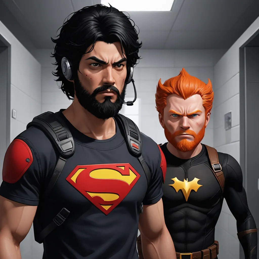 a man with a beard and a beard wearing headphones stands next to another man in a hallway with a door, serial art, a comic book panel, Eddie Mendoza, official art