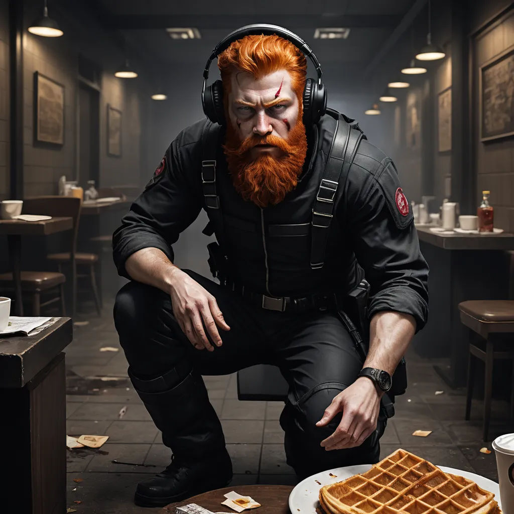 a man with a red beard and headphones sitting in front of a plate of waffles and a cup of coffee, symbolism, a character portrait, Ed Benedict, splash art