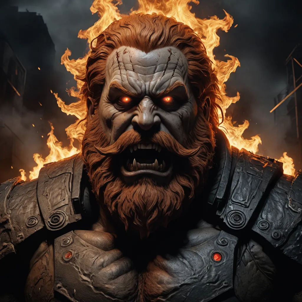 a demonic looking man with a beard and glowing eyes in front of a fire filled cityscape with buildings, sots art, a 3D render, Cedric Seaut (Keos Masons), unreal engine 5 quality render