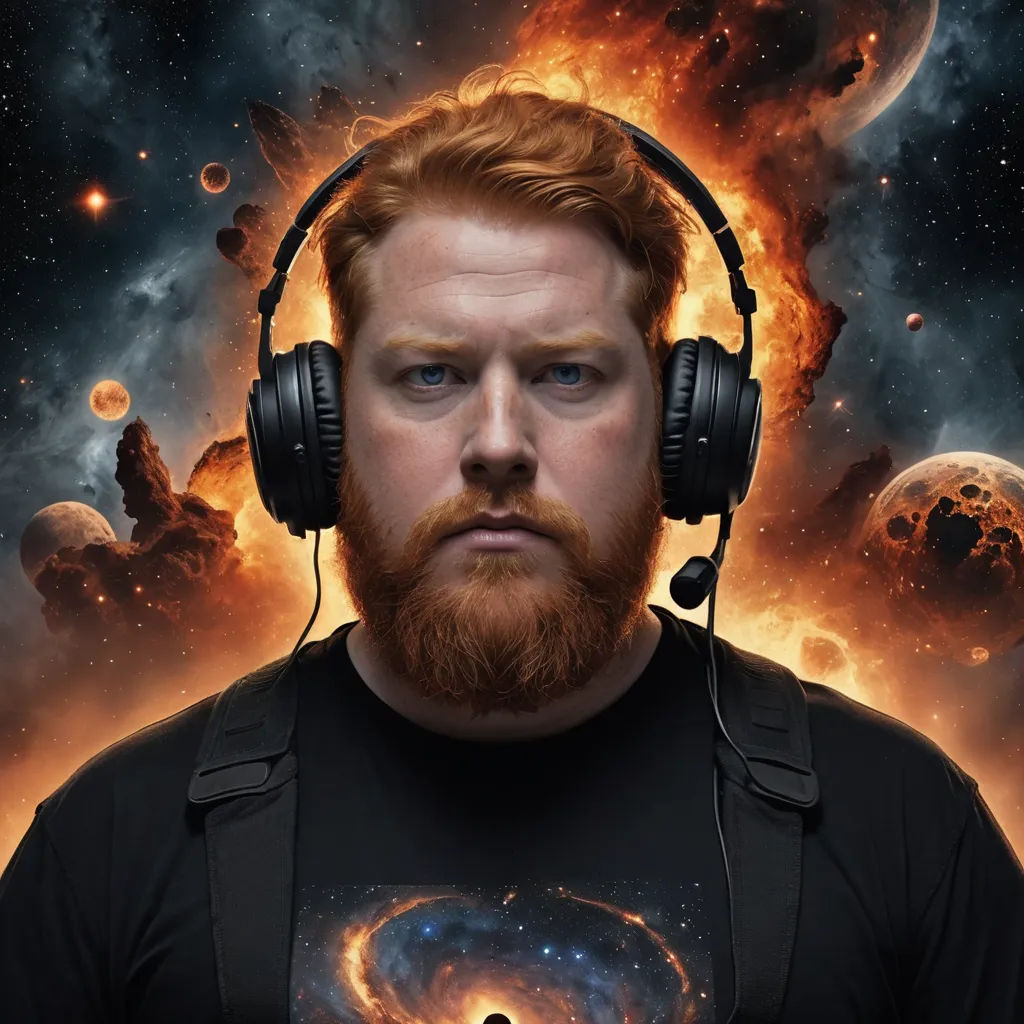 a man with headphones on his ears and a space background with planets and stars in the background, with a man with a beard wearing headphones, space art, a character portrait, Filip Hodas, promotional image