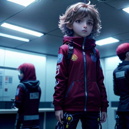 a young boy in a red jacket standing in a room with other people in the background wearing red caps