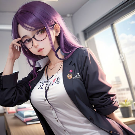 a woman with purple hair and glasses posing for a picture in a room with a window and a desk