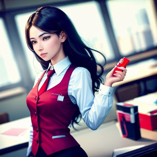 a woman in a red vest holding a red object in her hand and a red box in her other hand