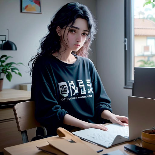 a woman sitting at a desk with a laptop computer in front of her and a cup of coffee on the desk