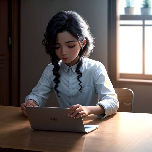 a woman sitting at a table using a laptop computer with a window in the background and sunlight streaming through the window
