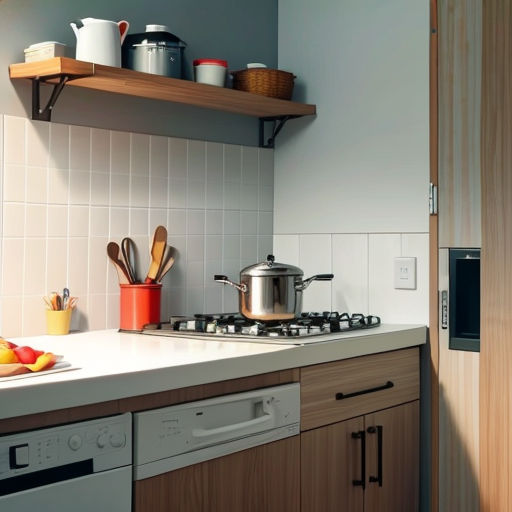 a kitchen with a stove top oven and a pot on the stove top oven, and a wooden shelf above it