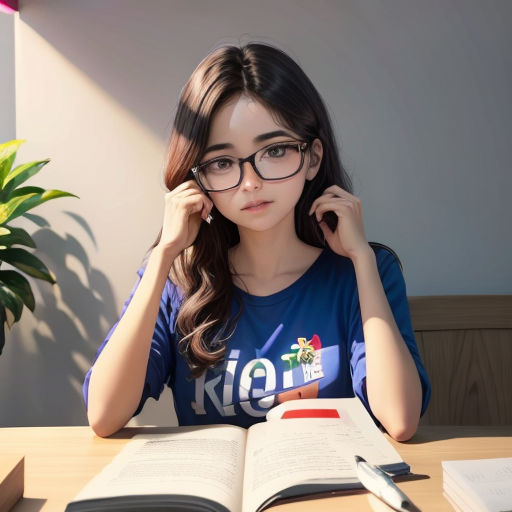 a girl wearing glasses is reading a book and holding her hand to her face while sitting at a table