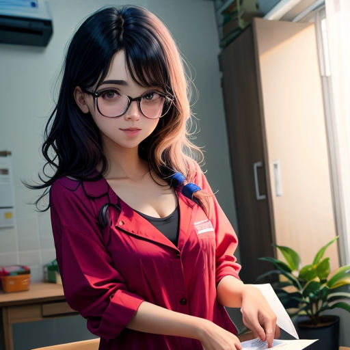 a woman in glasses is holding a piece of paper and looking at the camera while standing in a room