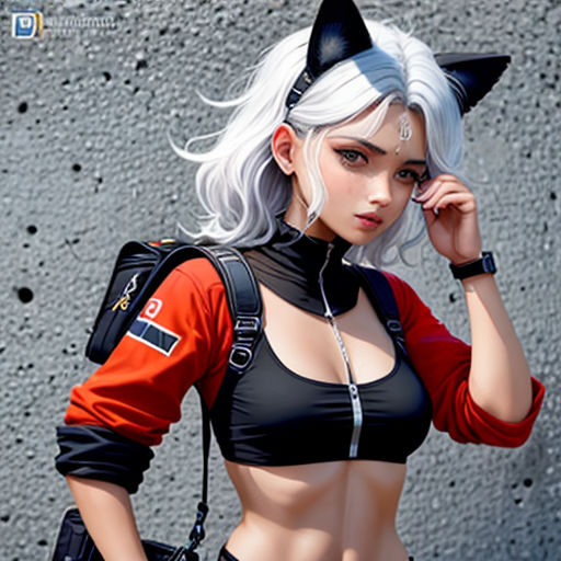 a woman in a cat suit is posing for a picture with a backpack on her shoulder and a cat ears on her head