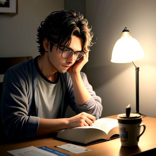 a man sitting at a desk with a book and a coffee cup in front of him and reading a book