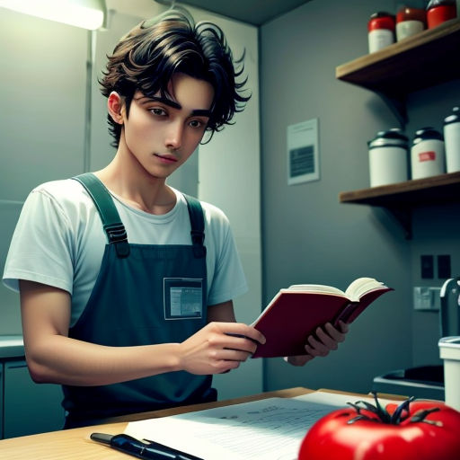 a man reading a book in a kitchen next to a tomato and a knife on a cutting board with a knife