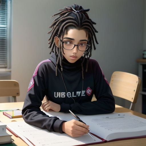 a young man with dreadlocks sitting at a desk writing on a book with a pen and paper