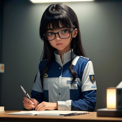a girl in a uniform writing on a desk with a pen and paper in front of her and a computer monitor behind her