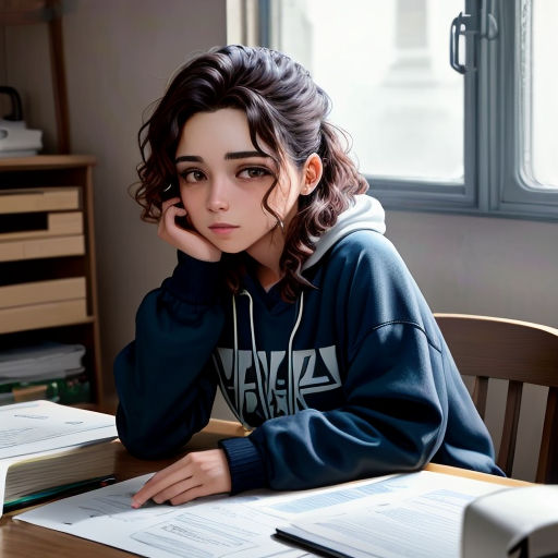 a woman sitting at a table with a book and a printer in front of her, with her hand on her chin