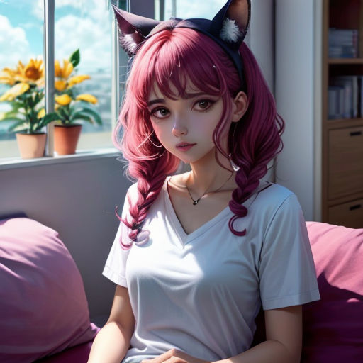 a woman with pink hair and a cat ears hat sitting on a bed with a window behind her and a vase with flowers
