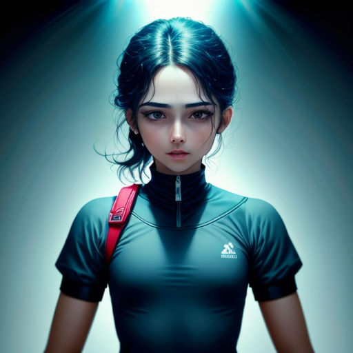 a woman with a backpack standing in front of a light that is shining on her head and shoulders, with a blue background