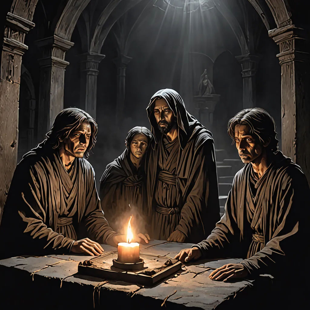 a group of people sitting around a table with a candle in front of them on a dark background with a light shining on the table, gothic art, an oil painting, Christophe Vacher, oil on canvas. cinematic