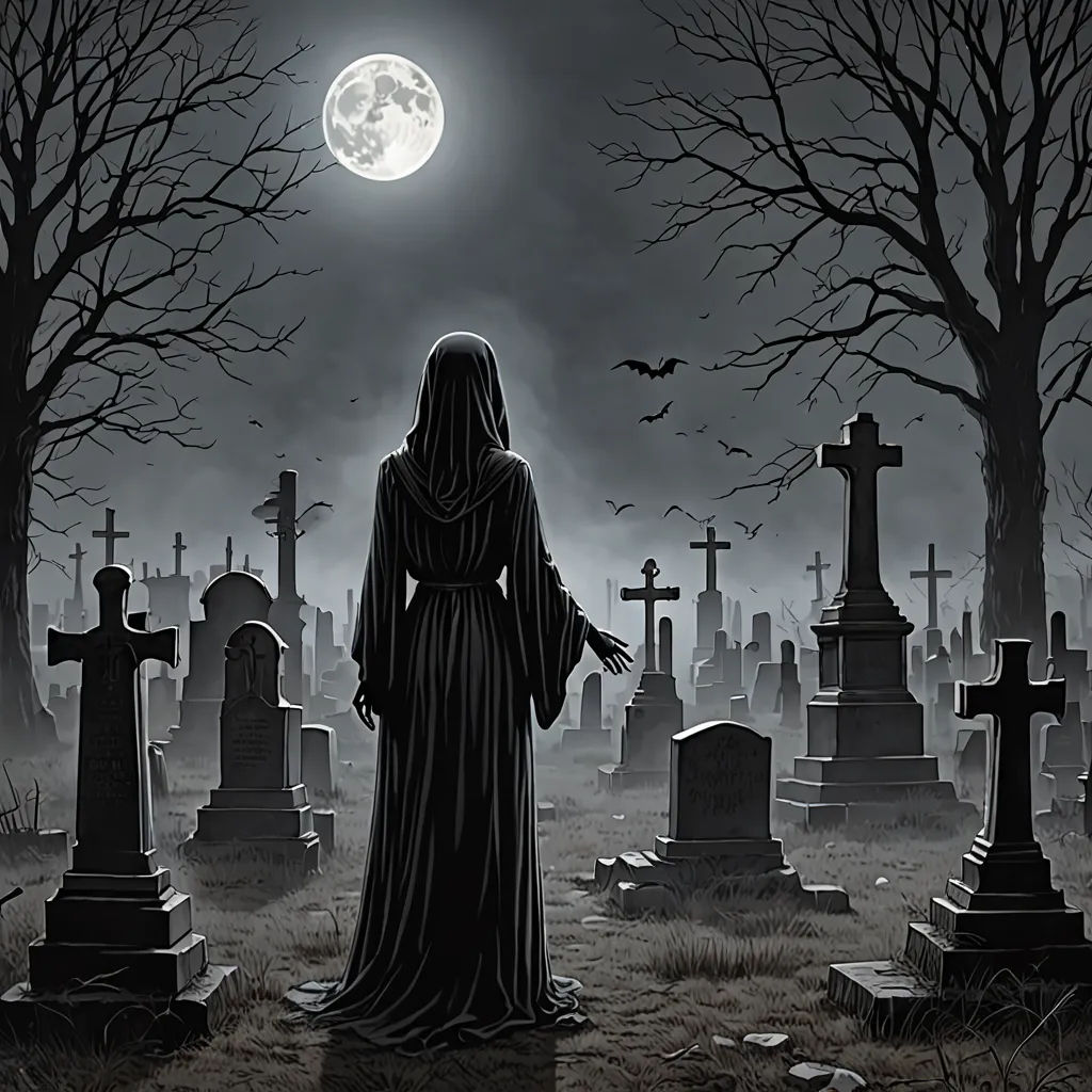 a woman in a long dress standing in a graveyard at night with a full moon in the background and bats flying overhead, gothic art, a detailed matte painting, Anne Stokes, gothic