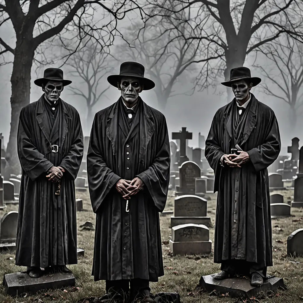 three men in long coats and hats stand in a cemetery with tombstones and trees in the background,, gothic art, concept art, Dirk Crabeth, dark art