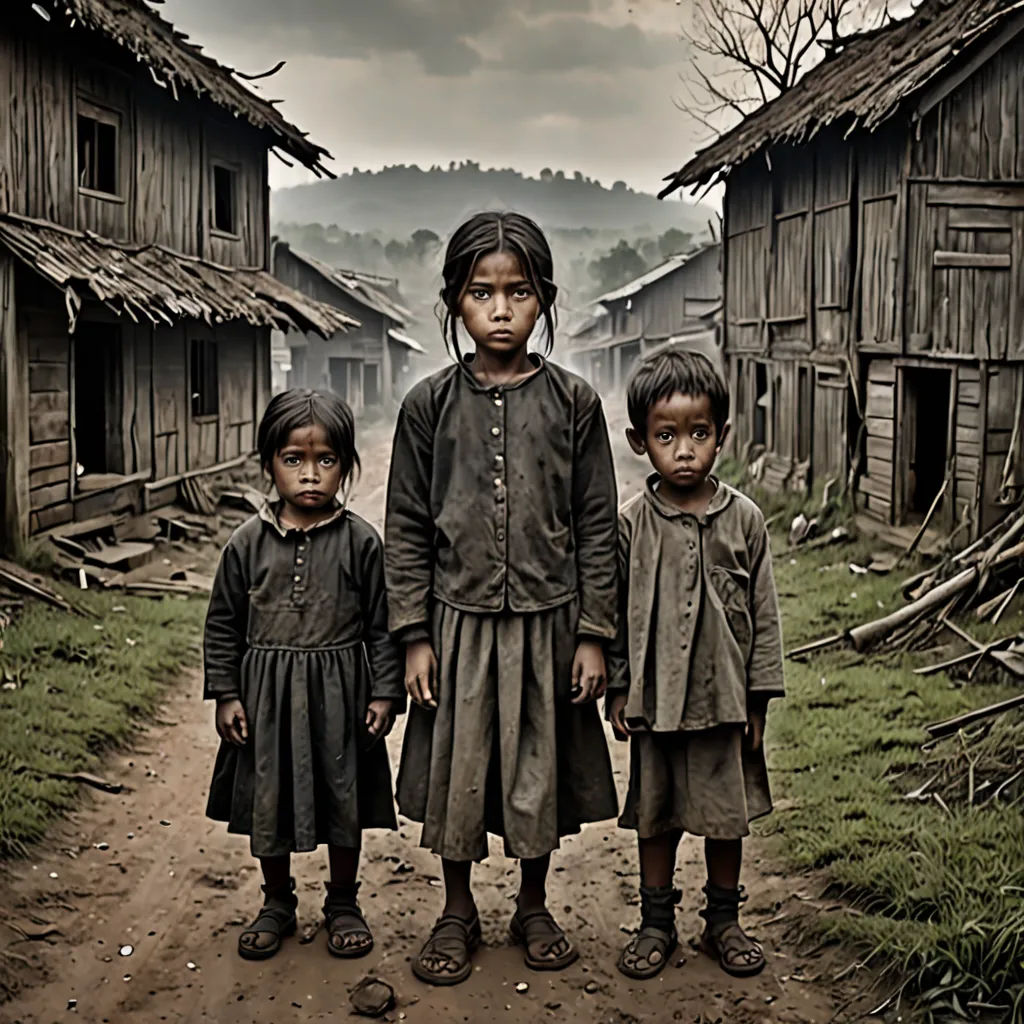 three children standing in front of a village with a dirt road and a dirt road leading to them, with a dark sky in the background, art photography, a detailed matte painting, Daniel Lieske, award - winning photography
