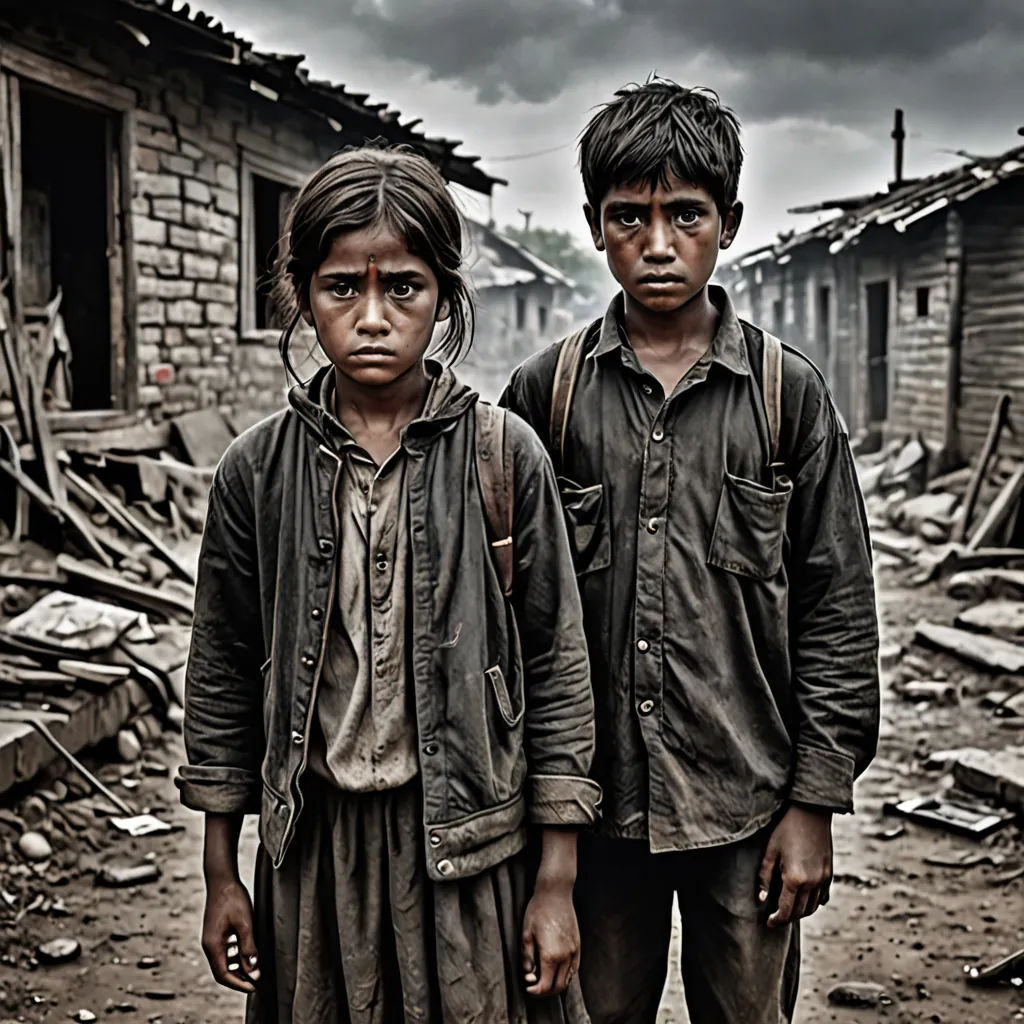two young boys standing in front of a destroyed building with a sky background and a dark cloud in the sky, neoism, a detailed matte painting, Daniel Lieske, award - winning photography