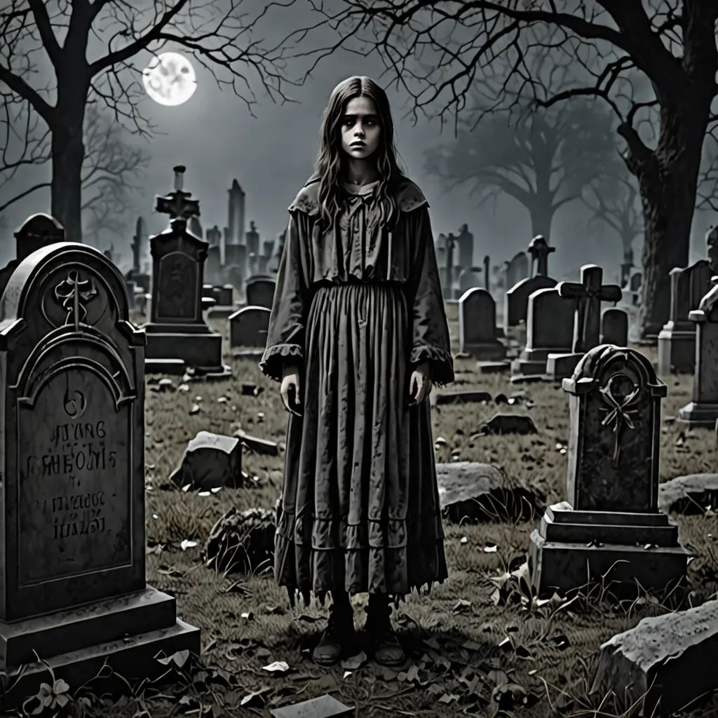 a woman in a long dress standing in a graveyard at night with a full moon in the background and a cemetery with tombstones, gothic art, poster art, Dirk Crabeth, promotional image
