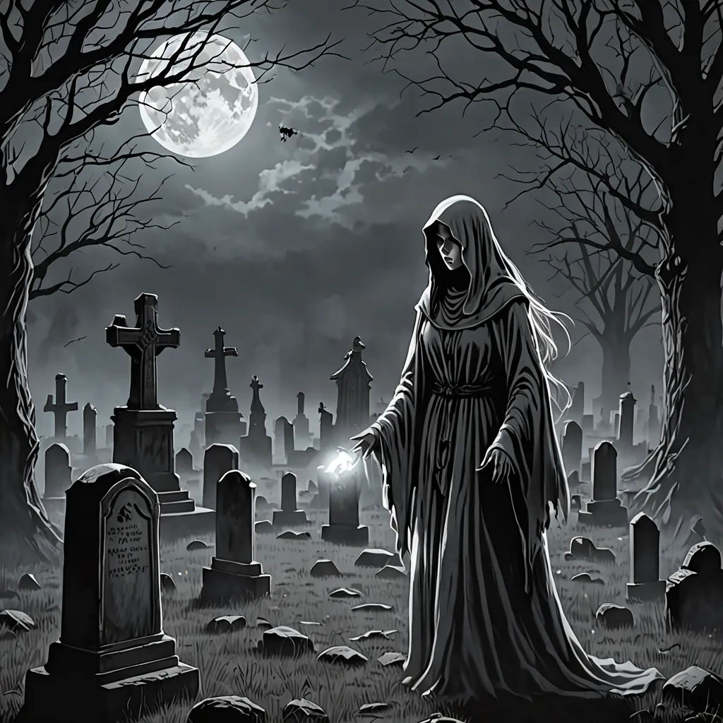 a grimy nun standing in a graveyard at night with a full moon in the background and tombstones in the foreground, gothic art, a storybook illustration, Anne Stokes, grim yet sparkling atmosphere